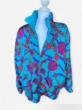 Vintage Maximalist Turquoise Pattern Zip-Front Women’s Jacket 90s retro Lavon L